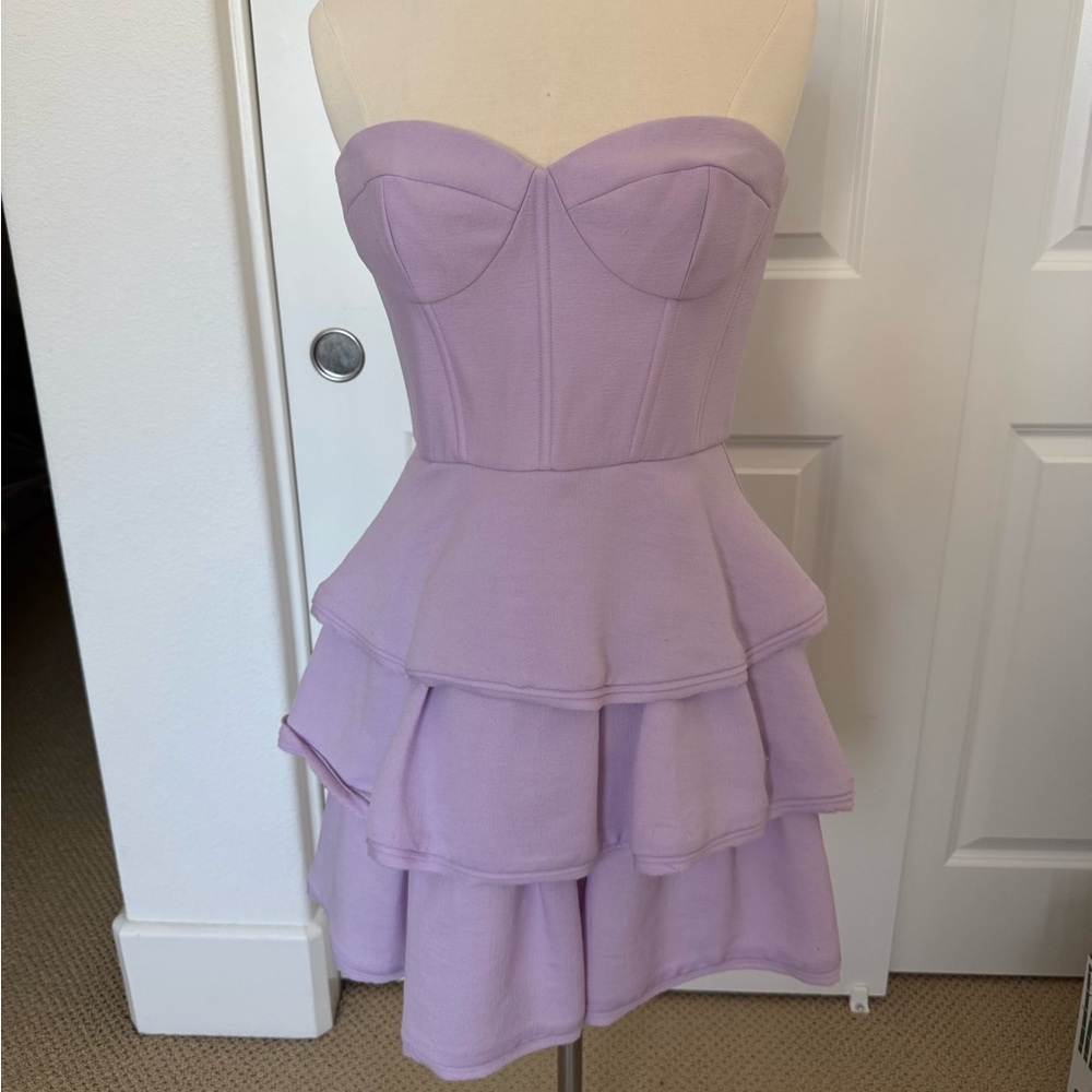 BCBGMaxAzria Strapless Lavender Tiered Peplum Dress